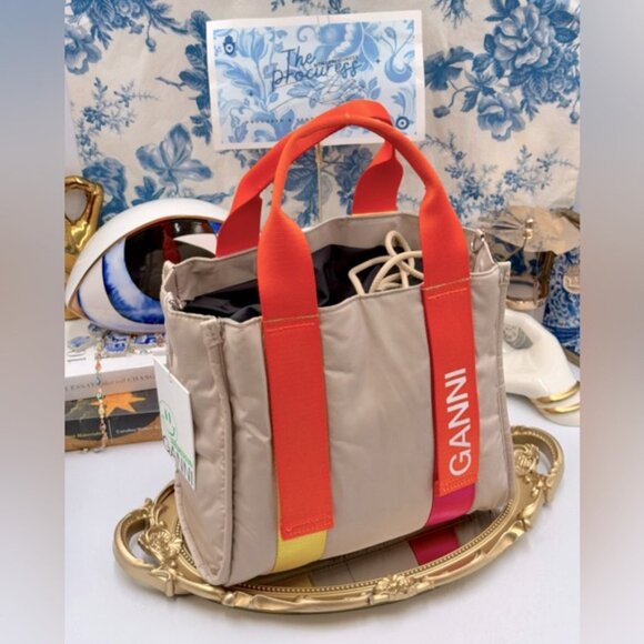 🆕 GANNI 🧿 NWT Small Recycled Tech Tote Bag Crossbody, Khaki & Orange - Picture 2 of 14